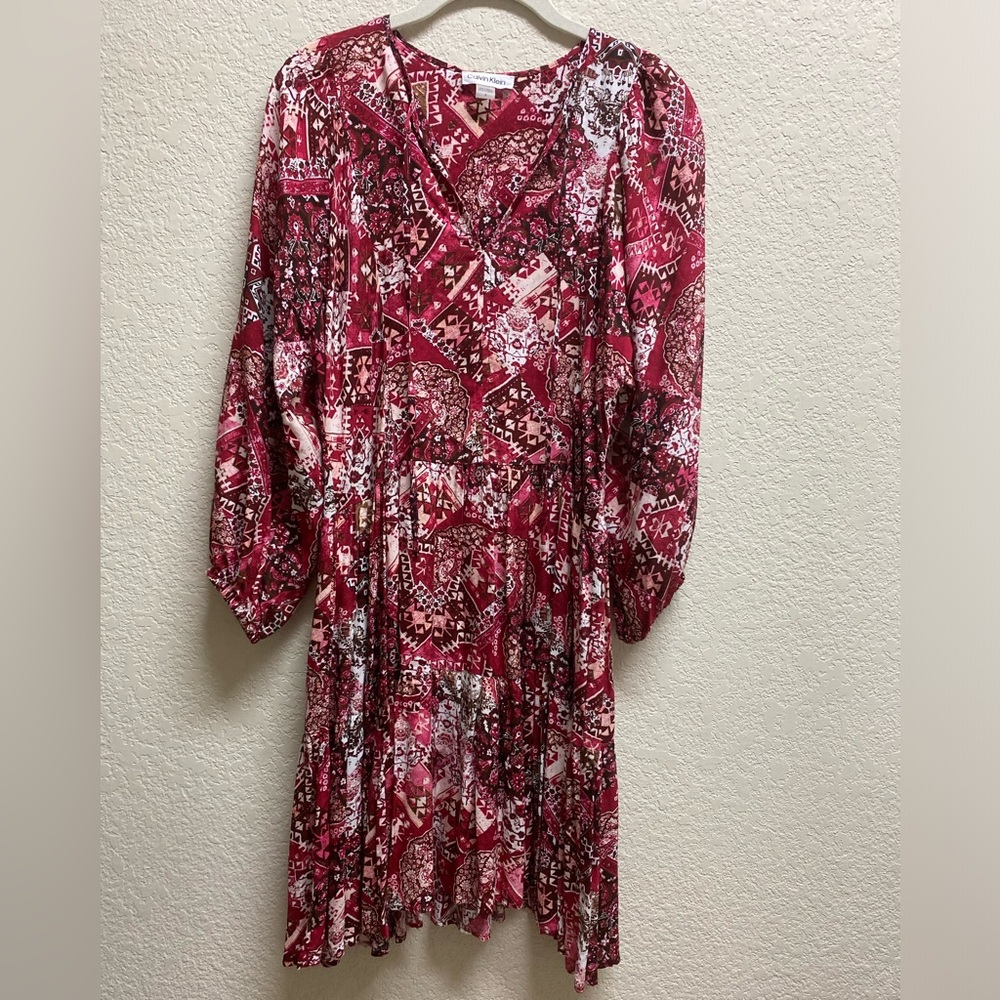 Calvin Klein Dress Red Boho Size 4 Mini Dress Ruffled Hem Ballooned Sleeves